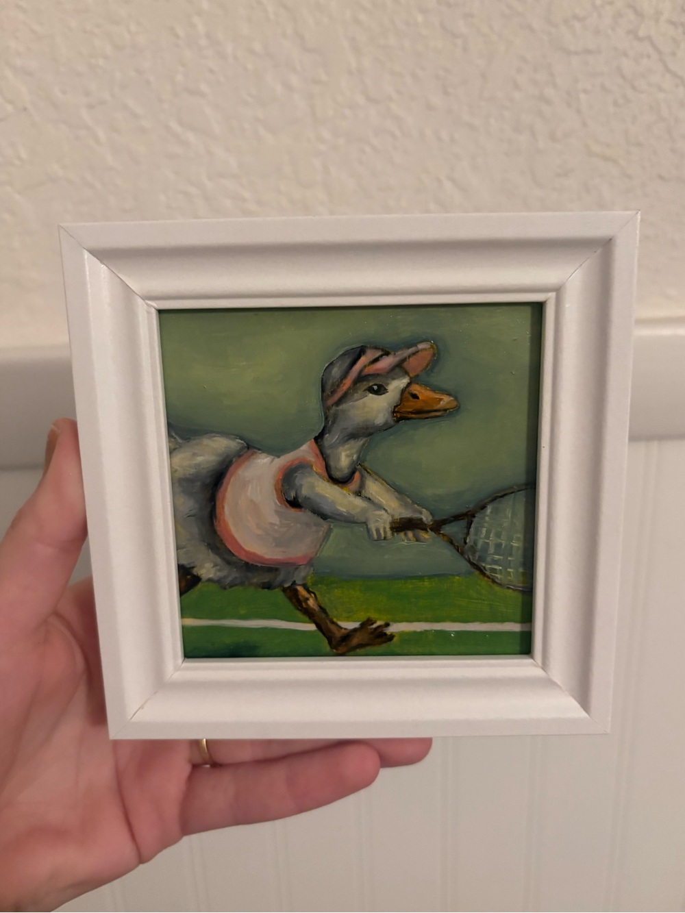 "Tennis Goose" Original oil painting on wood board mini framed 4x4"